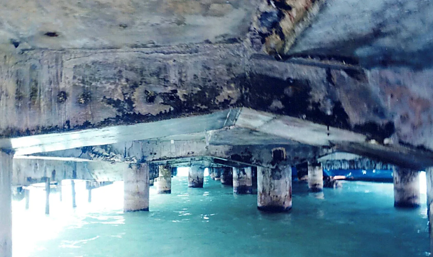 Pilotes de muelle bajo el agua durante el registro fotográfico de la estructura